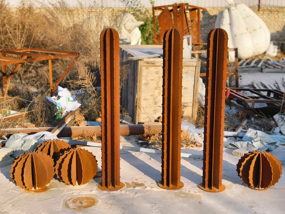 Corten steel cactus sculptures photographed in the factory