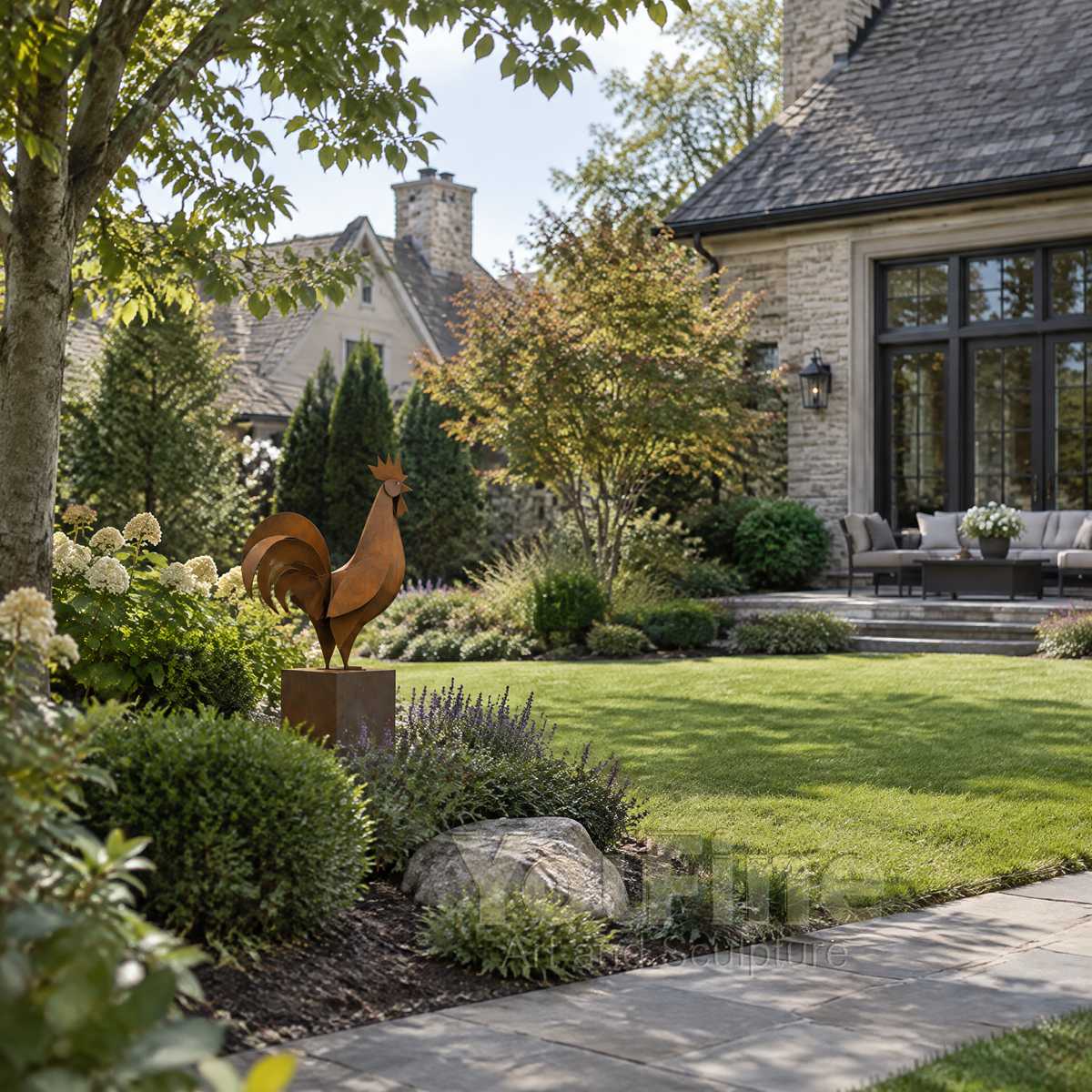 Corten steel metal rooster sculpture in a landscaped yard