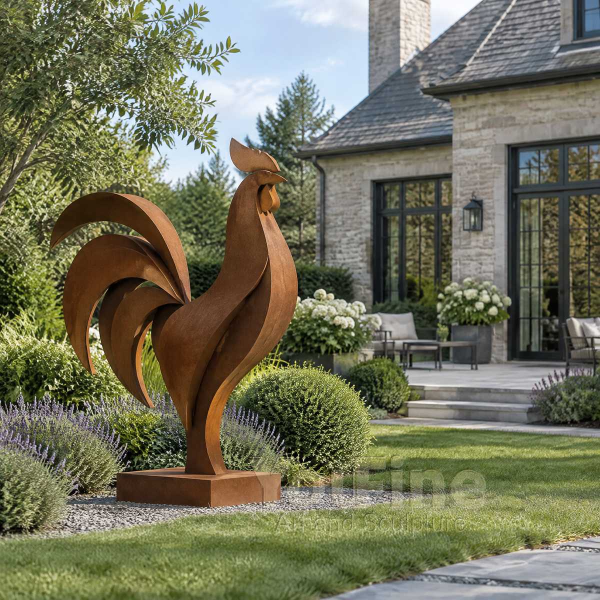 Corten steel rooster sculpture shown in a residential garden