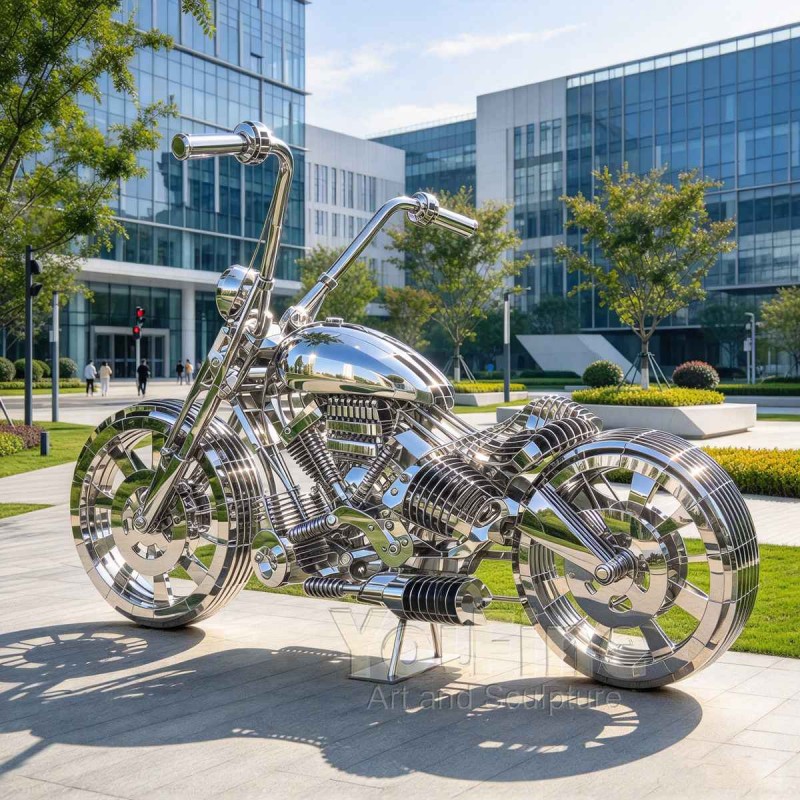 Mirror Polished Metal Motorcycle Sculpture for Public Squares