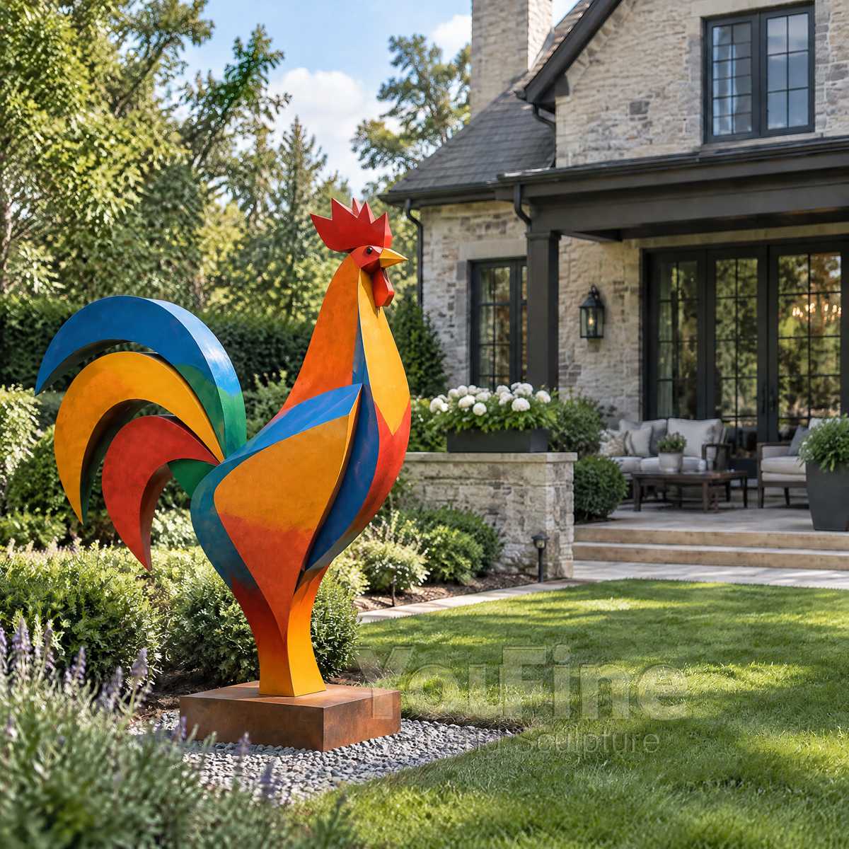 Colorful painted metal rooster sculpture concept for a yard