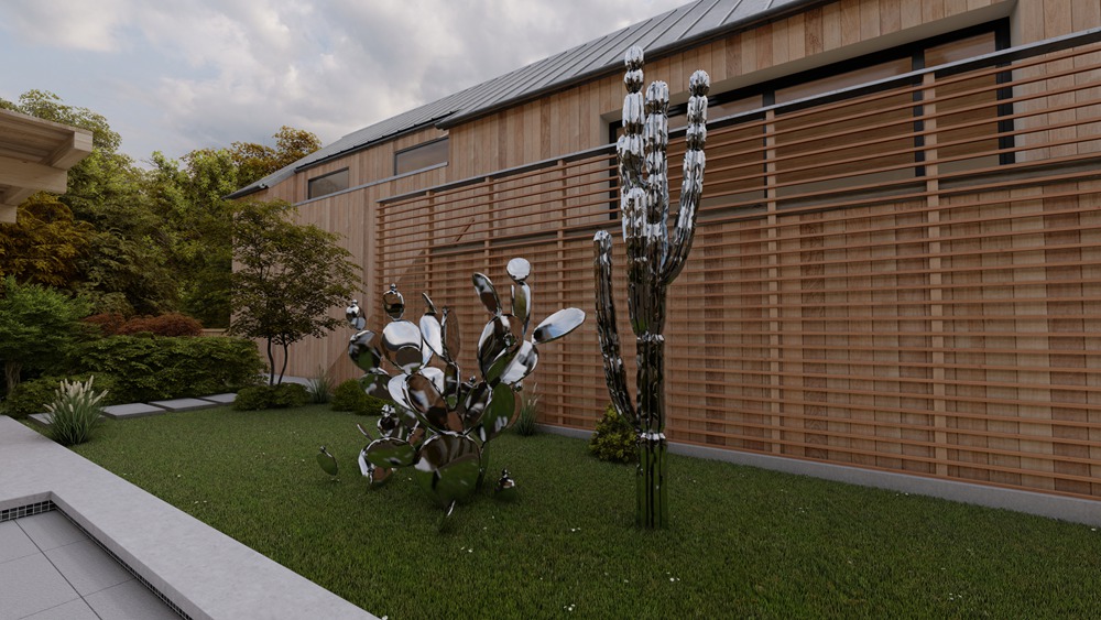 Software rendered placement preview for stainless steel cactus sculptures in a landscaped residence