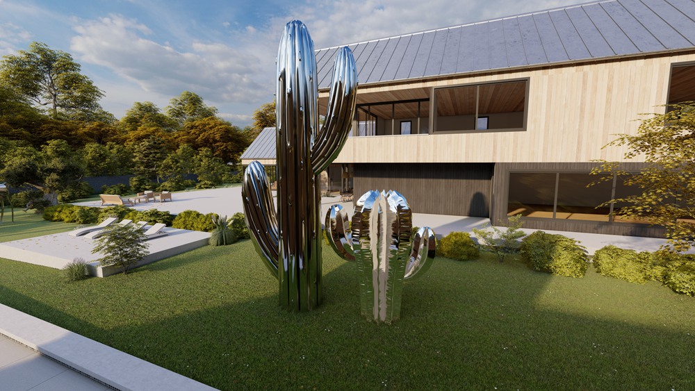 Software rendered installation preview for a stainless steel cactus sculpture project