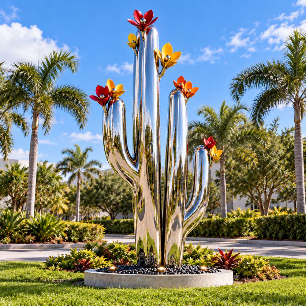 Mirror polished stainless steel cactus sculpture with colorful metal flowers