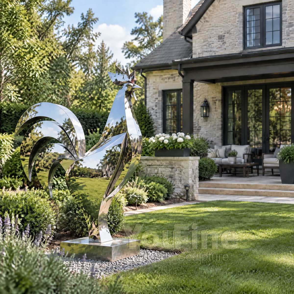 Mirror polished stainless steel rooster sculpture concept for an outdoor garden